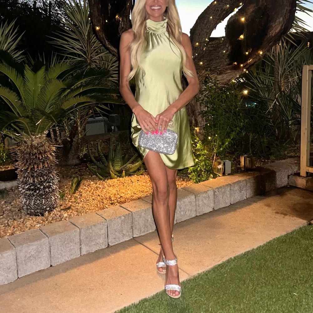 Satin High-Neck Mini Dress in Light Green